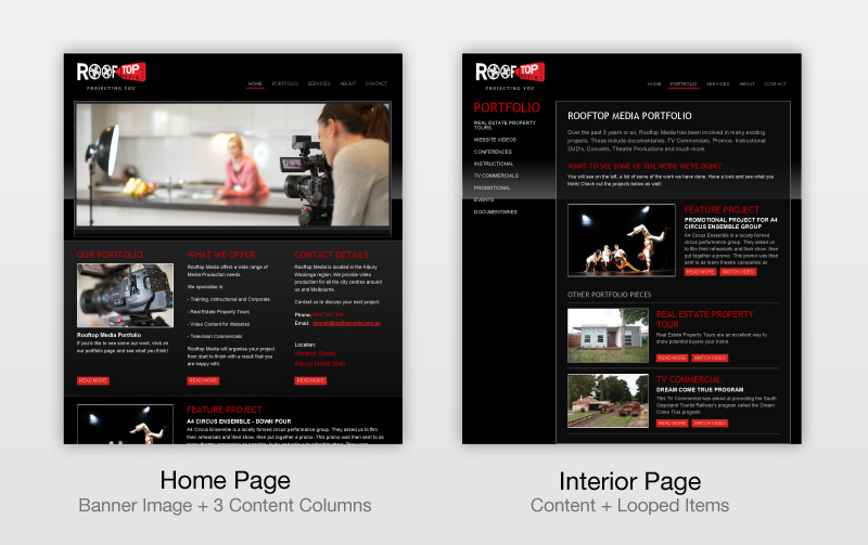 Screenshots of home page and interior page layouts from rooftopmedia.com.au